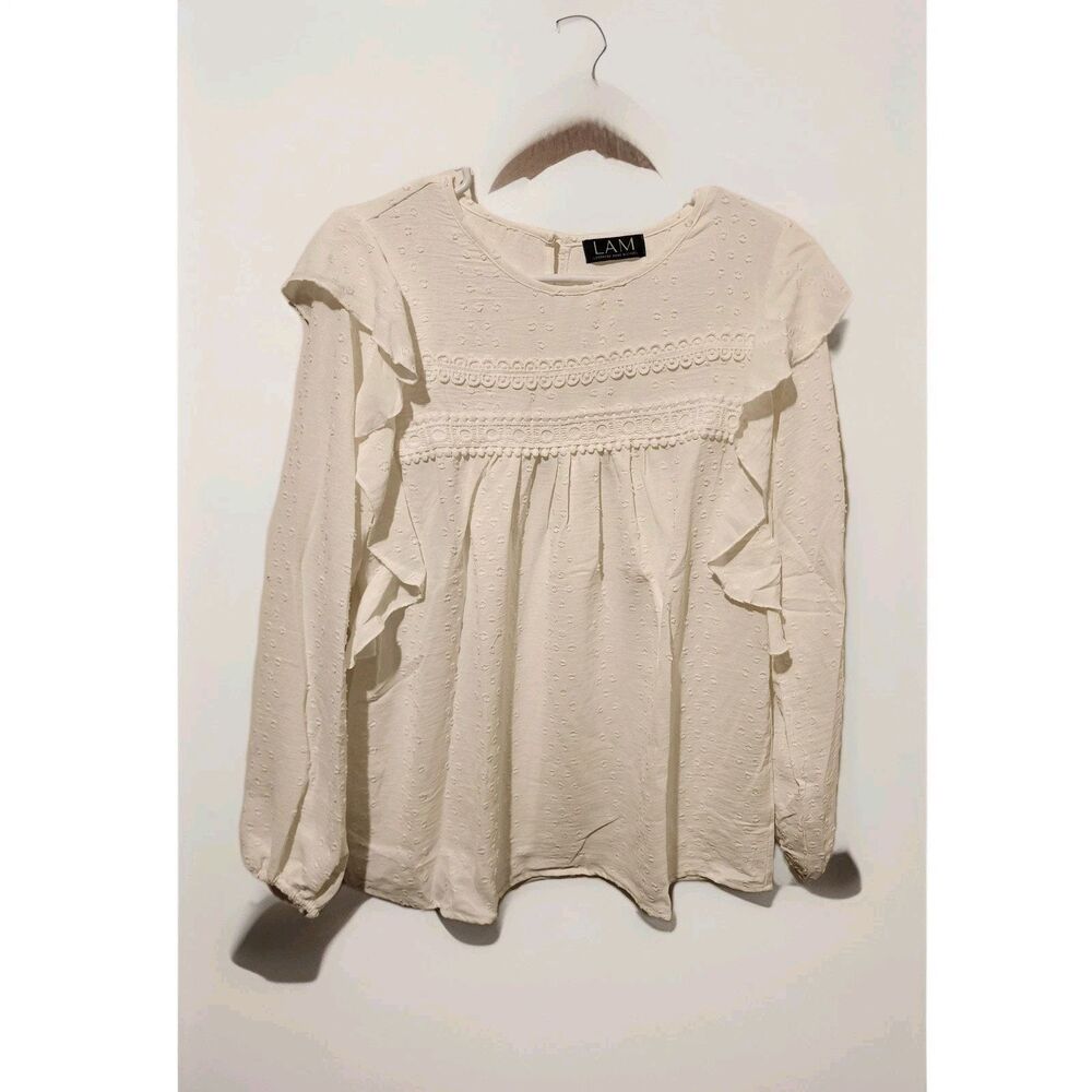 LAM Full-Sleeve White Ruffle Top Size Med Boutique